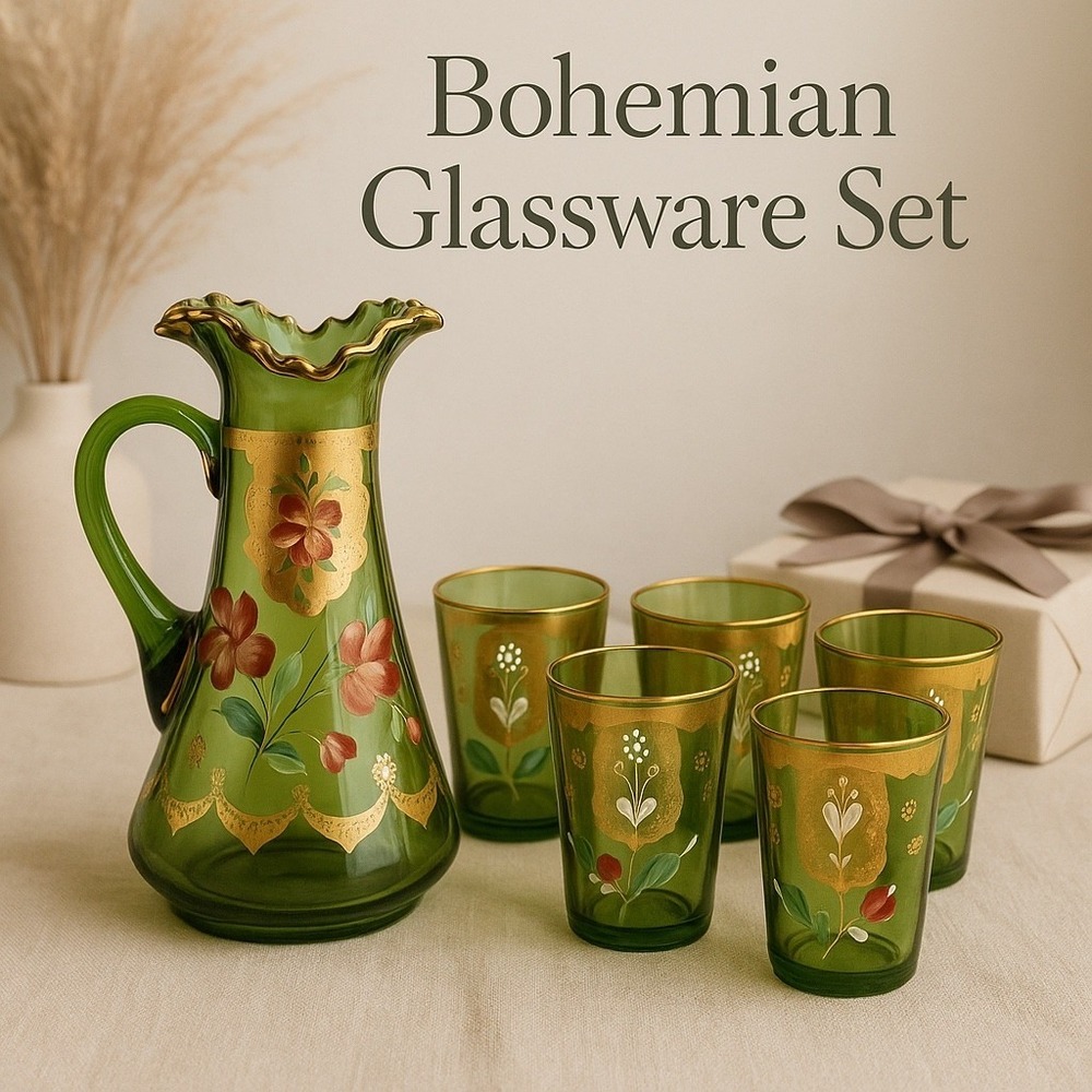 Vintage Bohemian Green Glass Pitcher & 6 Glasses Hand Painted Floral Gold Set - Picture 2 of 16